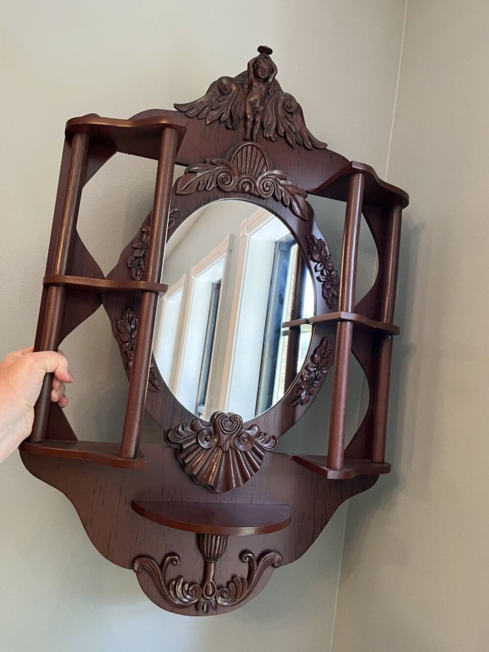 Vintage Ornate Victorian Style Trinket Shelf With Oval Mirror & Carved Angel Mot